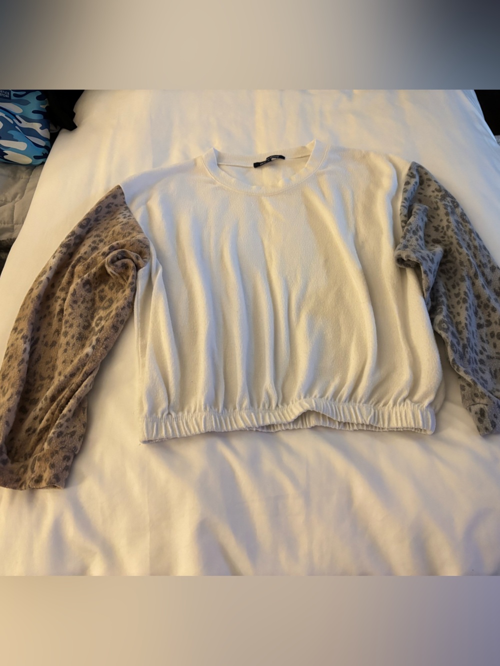 Ocean Drive White fleece long sleeve Tee with leopard print sleeve detail